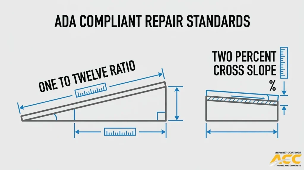 ADA-compliant concrete repair standards showing a 1:12 ramp slope and maximum 2% cross slope