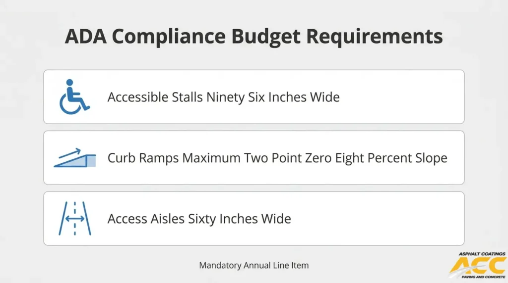 ADA-compliant parking lot budget requirements for accessible stalls, curb ramps, and access aisle dimensions.