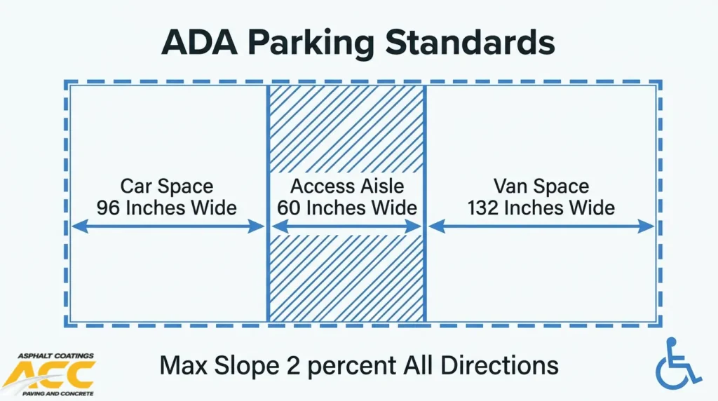 ADA parking standards showing a 96-inch car space, 60-inch access aisle, 132-inch van space, and a maximum 2 percent slope.