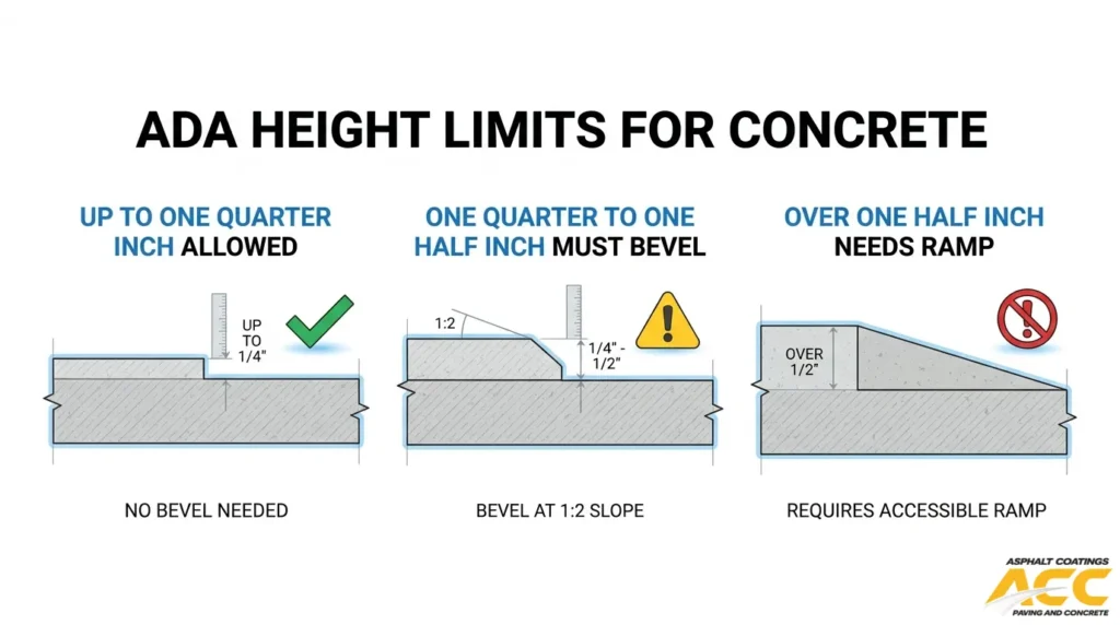 ADA concrete height limits showing allowed level changes, beveled edges, and accessible ramp requirements