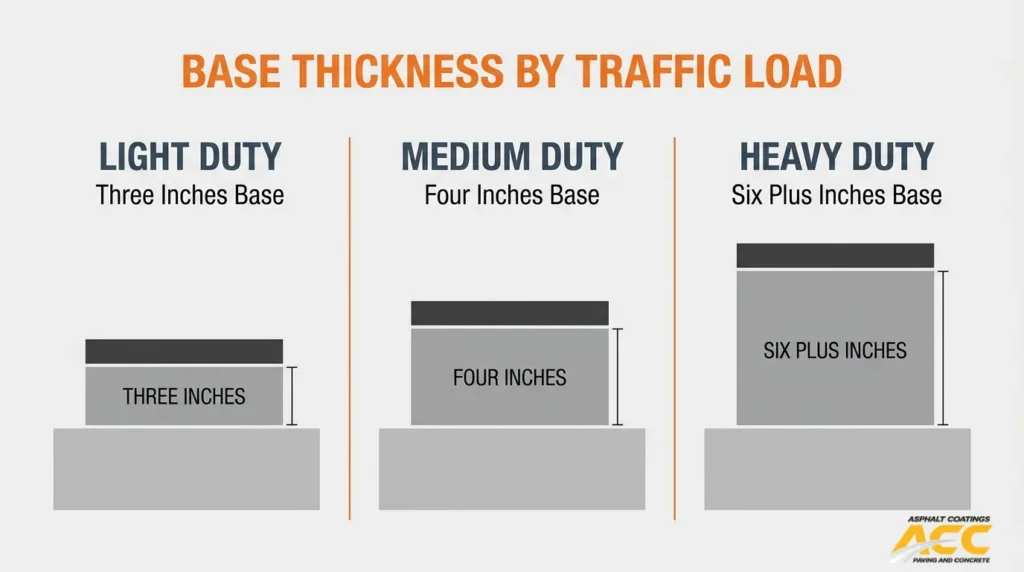 Asphalt aggregate base thickness comparison showing three inches for light-duty, four inches for medium-duty, and six-plus inches for heavy-duty traffic.