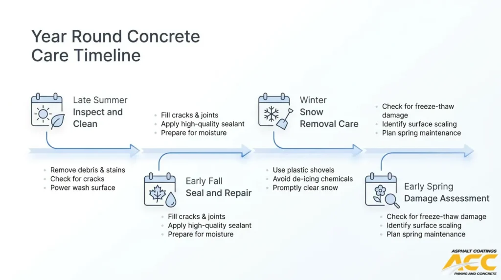 Year-round concrete maintenance timeline for Denver properties, including summer cleaning, fall sealing, winter snow care, and spring damage assessment.