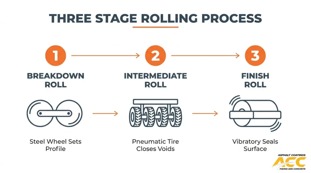Three-stage asphalt compaction process showing the breakdown roll, intermediate pneumatic tire roll, and finish roll.