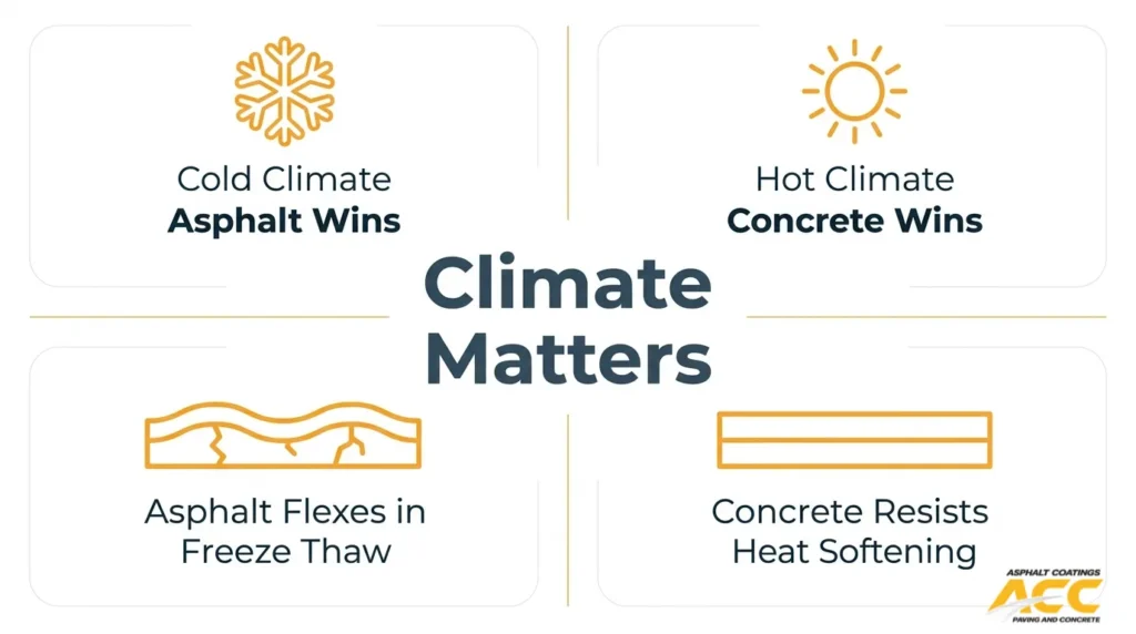 Climate performance comparison showing asphalt flexibility in cold freeze-thaw conditions and concrete resistance to heat softening.