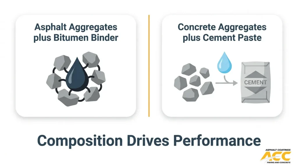 Asphalt and concrete composition comparison showing asphalt aggregate with bitumen binder and concrete aggregate with cement paste.