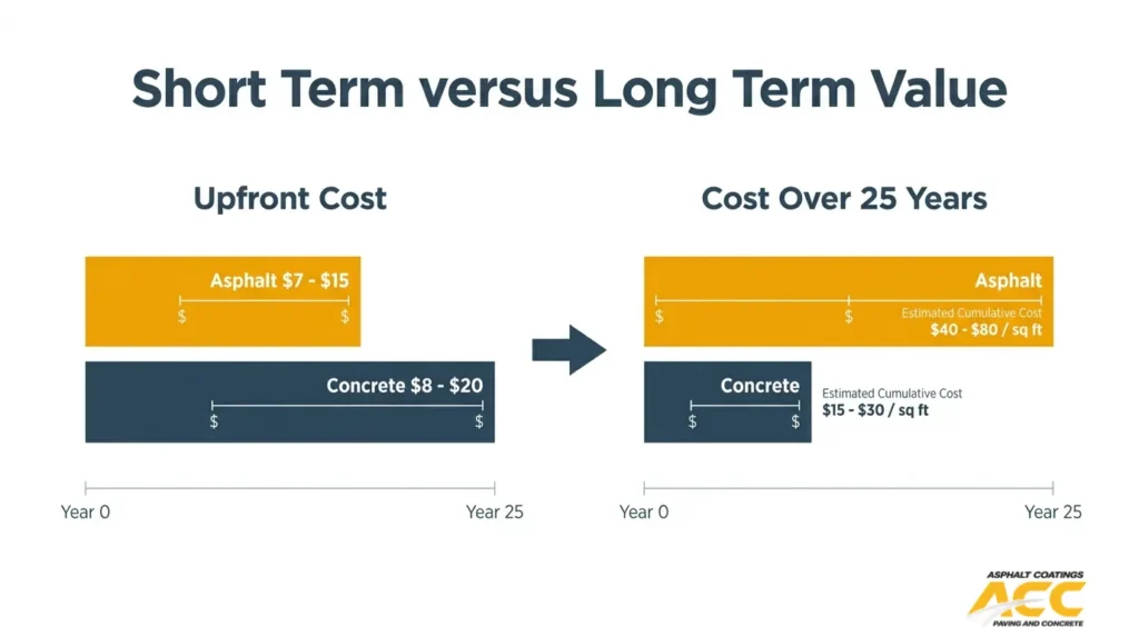 Asphalt and concrete cost comparison showing upfront installation costs and estimated cumulative costs over 25 years.