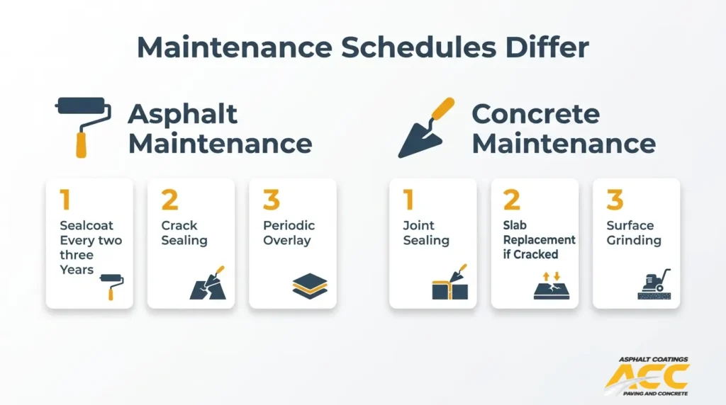 Asphalt and concrete maintenance comparison covering sealcoating, crack sealing, overlays, joint sealing, slab replacement, and surface grinding.