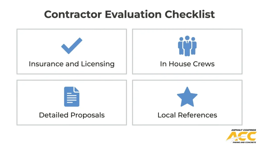Asphalt contractor evaluation checklist covering insurance and licensing, in-house crews, detailed proposals, and local references