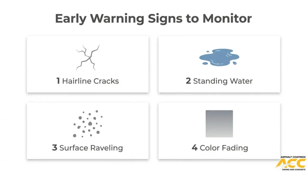Early asphalt damage warning signs, including hairline cracks, standing water, surface raveling, and pavement color fading.