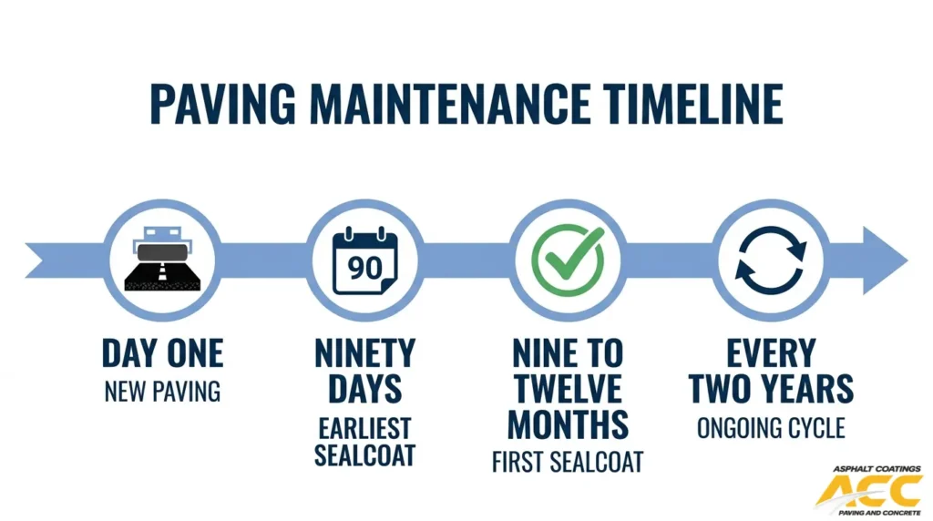 Asphalt maintenance timeline showing new paving, initial sealcoating after 9 to 12 months, and resealing every two years
