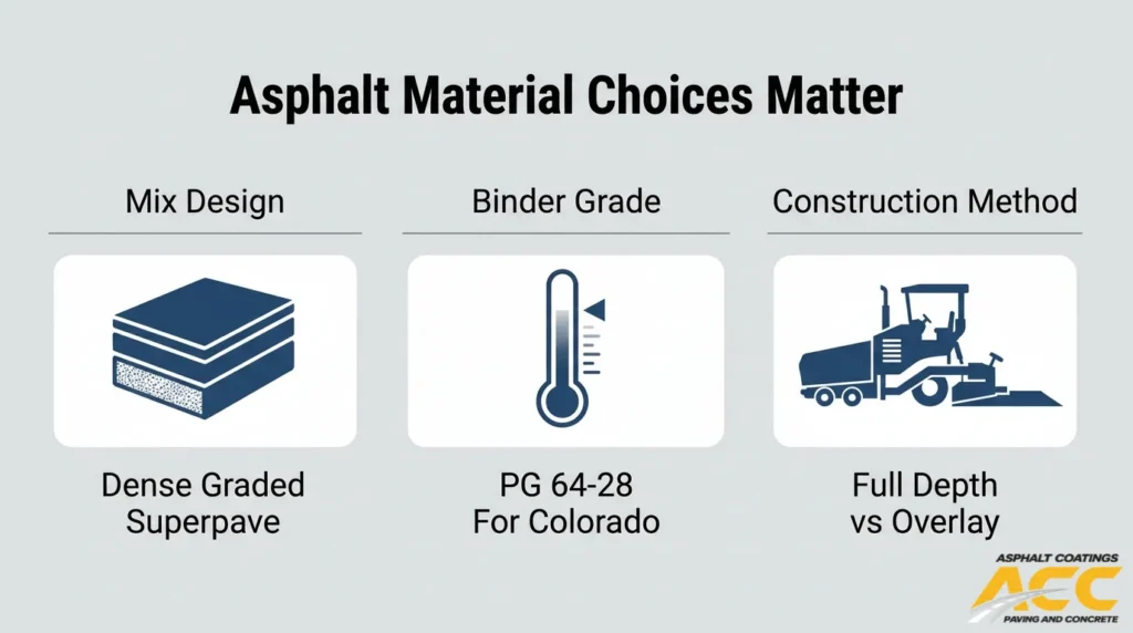 Asphalt material selection guide comparing mix design, binder grade, and full-depth versus overlay construction