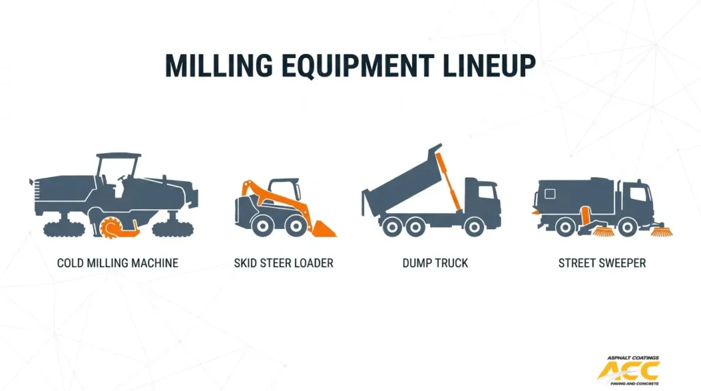 Asphalt milling equipment lineup featuring a cold milling machine, skid steer loader, dump truck, and street sweeper.