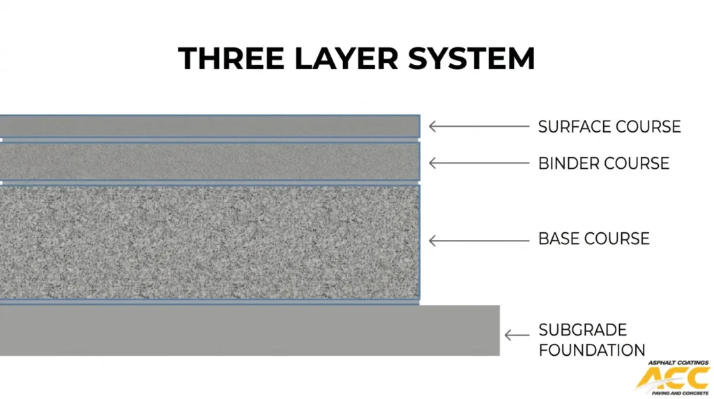 Commercial asphalt pavement structure showing the surface course, binder course, base course, and subgrade foundation.