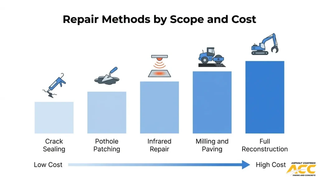 Asphalt repair methods ranked by scope and cost, from crack sealing to full reconstruction