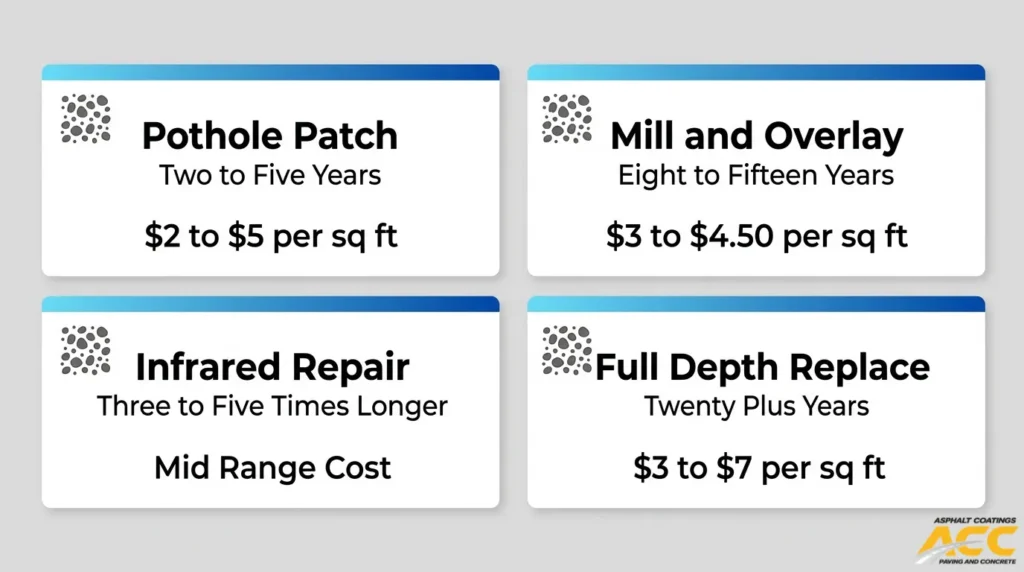 Comparison of pothole patching, infrared repair, mill and overlay, and full-depth asphalt replacement costs and lifespans.