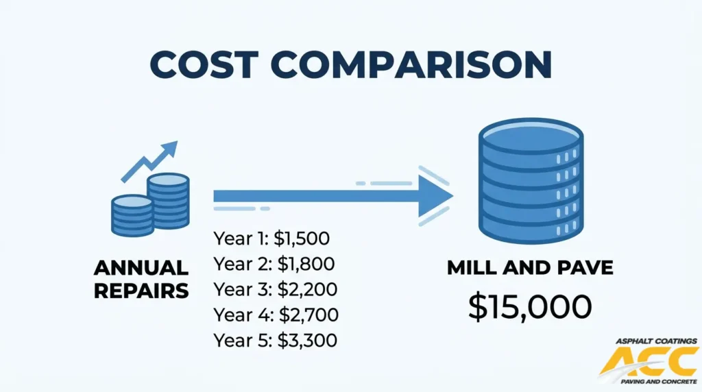 Cost comparison between five years of recurring asphalt repairs and a $15,000 mill-and-pave project