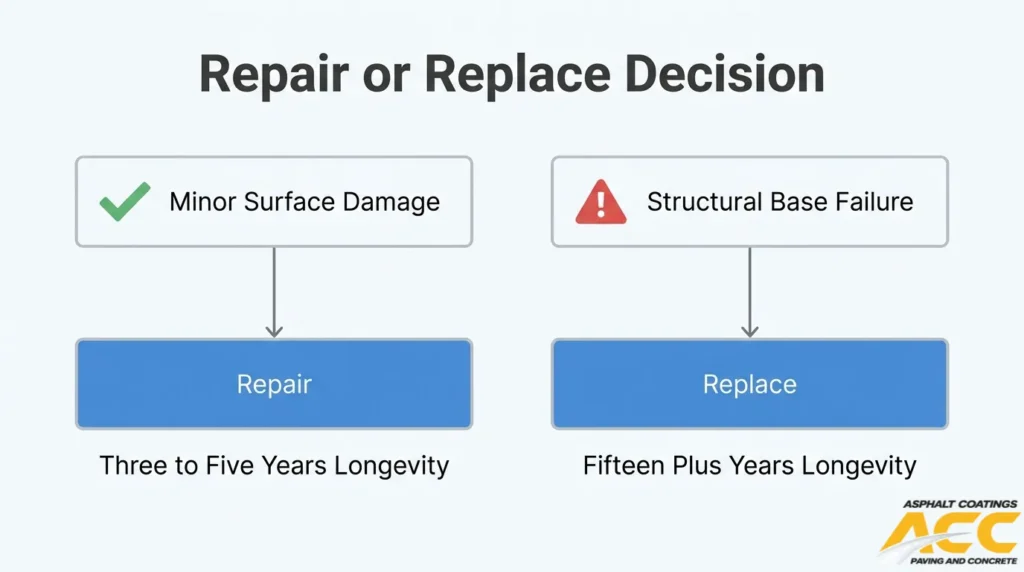 Asphalt repair-versus-replacement guide comparing minor surface damage with structural base failure