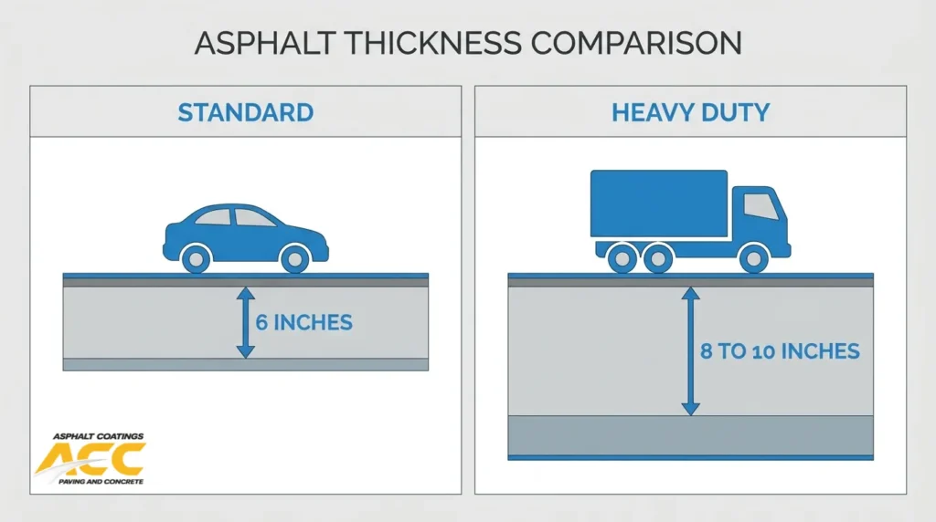 Asphalt thickness comparison showing 6-inch standard pavement for cars and 8- to 10-inch heavy-duty pavement for trucks