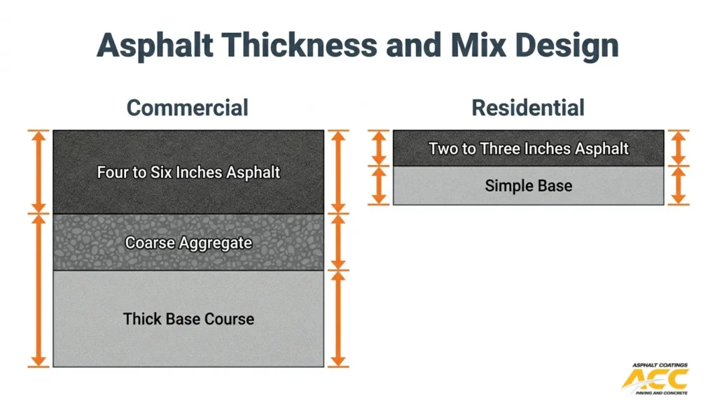 Asphalt thickness and mix design comparison showing four to six inches for commercial pavement and two to three inches for residential pavement.