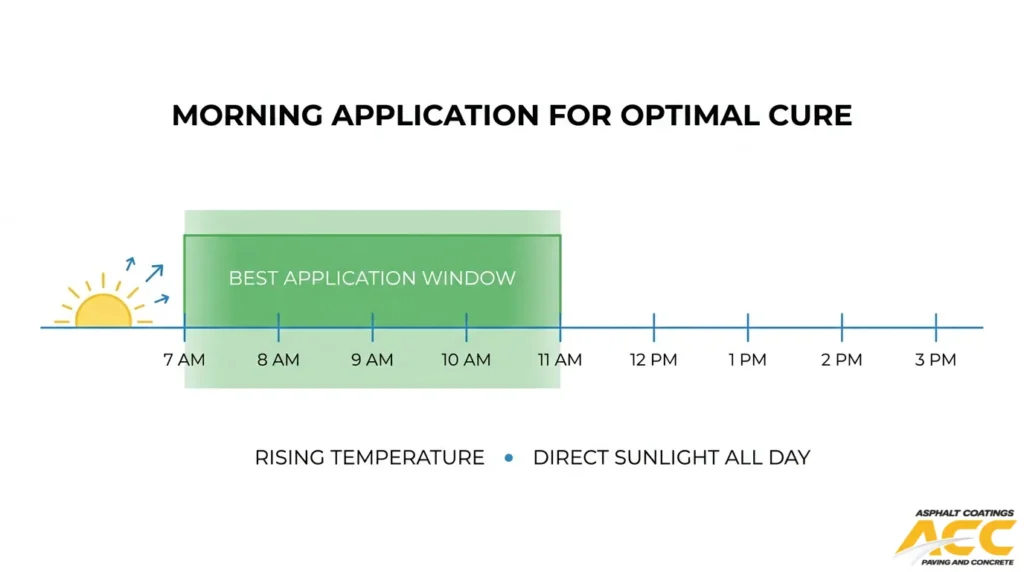 Morning sealcoat application timeline showing 7 a.m. to 11 a.m. as the best window for rising temperatures and all-day sunlight.