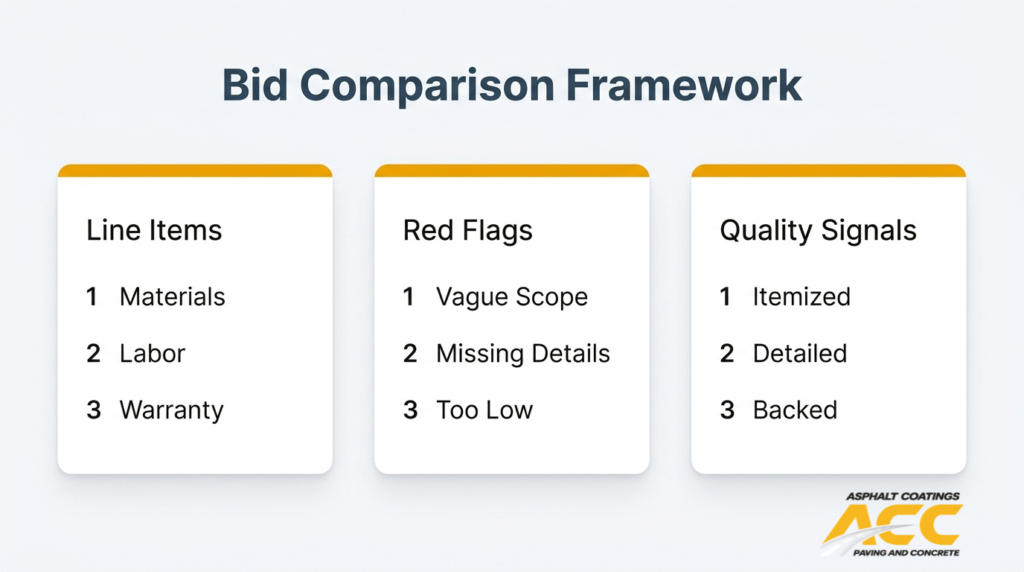 Commercial paving bid comparison framework covering line items, proposal red flags, and contractor quality signals.