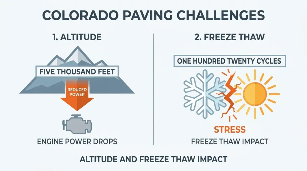 Colorado paving challenges showing reduced engine power at high altitude and pavement stress from freeze-thaw cycles.