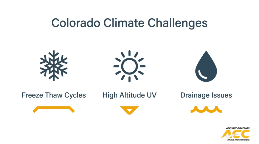 Colorado paving challenges including freeze-thaw cycles, high-altitude UV exposure, and drainage issues.