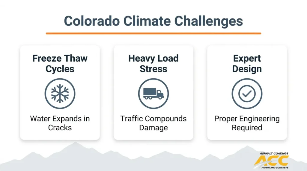 Colorado paving challenges infographic highlighting freeze-thaw cycles, heavy vehicle stress, and the need for expert pavement design.