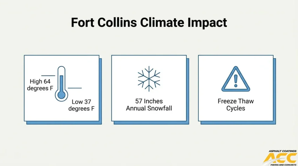 Fort Collins climate factors affecting asphalt paving, including seasonal temperatures, annual snowfall, and repeated freeze-thaw cycles.