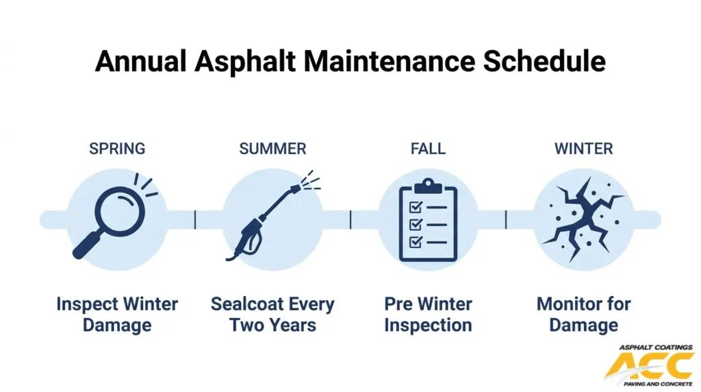 Annual commercial asphalt maintenance schedule for spring inspections, summer sealcoating, fall preparation, and winter monitoring