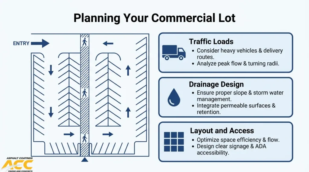 Commercial parking lot planning guide covering traffic loads, drainage design, layout, access, and ADA accessibility