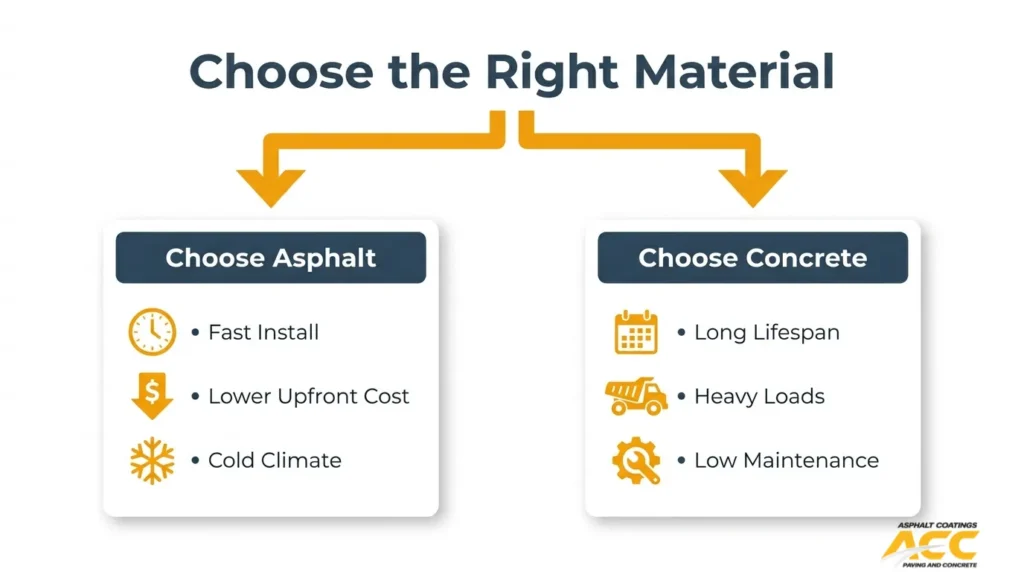 Asphalt versus concrete decision guide comparing fast installation and lower upfront cost with long lifespan, heavy-load capacity, and low maintenance.