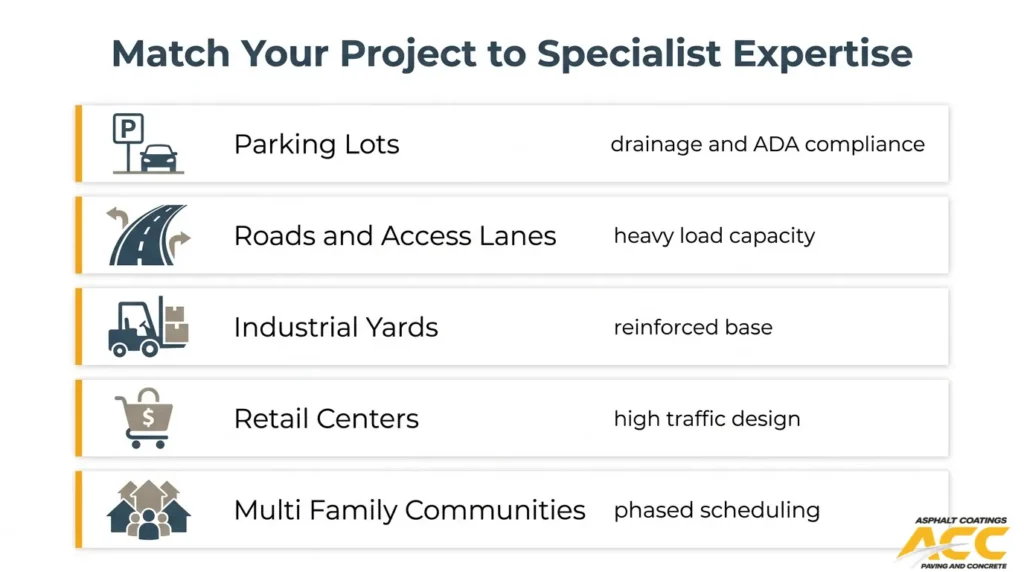Commercial paving project guide matching parking lots, access roads, industrial yards, retail centers, and multifamily properties with specialist expertise.