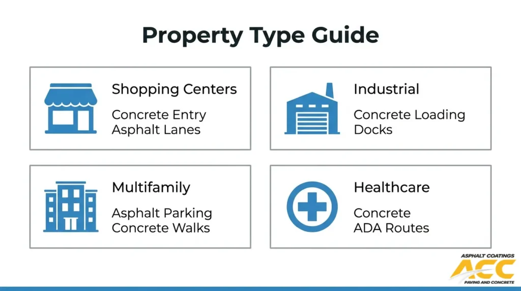 Commercial paving recommendations for shopping centers, industrial sites, multifamily properties, and healthcare facilities.