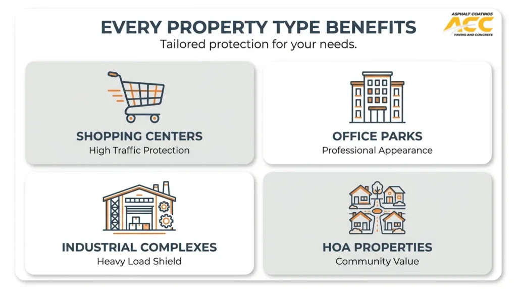 Commercial sealcoating benefits for shopping centers, office parks, industrial complexes, and HOA properties.