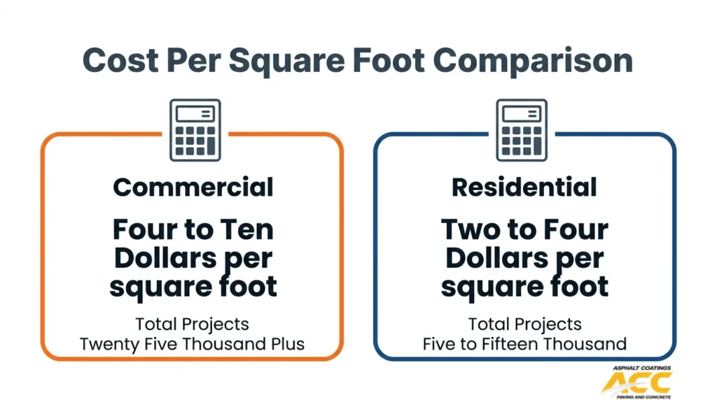 Commercial and residential paving cost comparison showing $4–$10 per square foot for commercial projects and $2–$4 per square foot for residential projects.