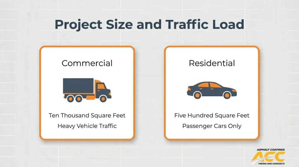 Commercial and residential paving project comparison showing a 10,000-square-foot heavy-traffic commercial area versus a 500-square-foot residential driveway.