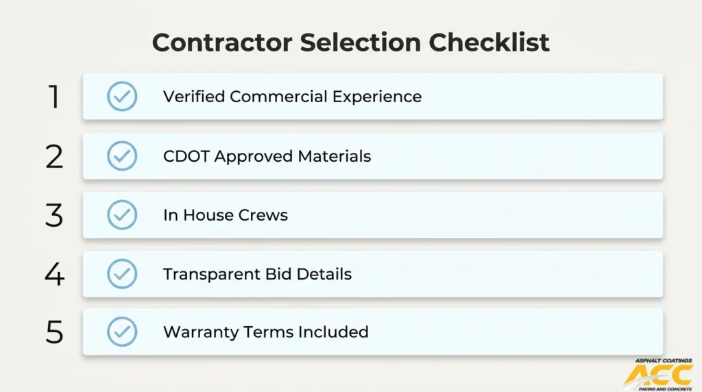 Commercial sealcoating contractor checklist covering experience, approved materials, in-house crews, bid details, and warranties