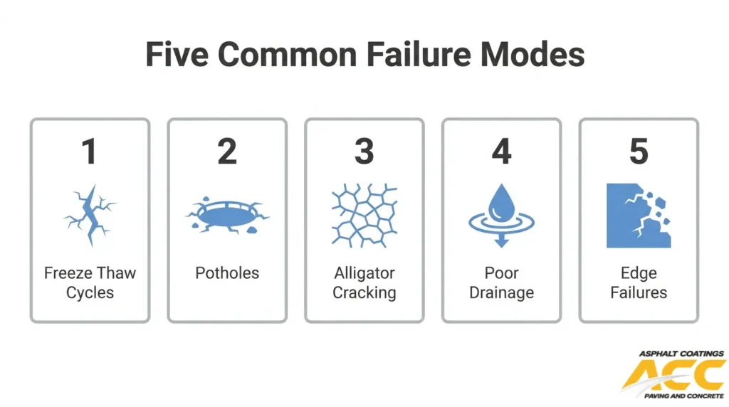 Five common asphalt failure modes in Fort Collins: freeze-thaw damage, potholes, alligator cracking, poor drainage, and edge failure