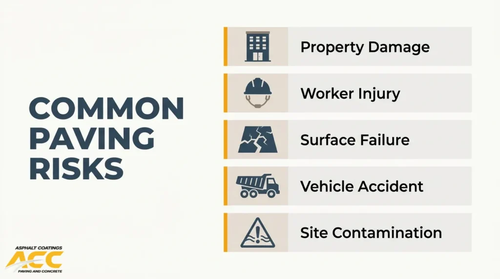 Common paving project risks include property damage, worker injuries, pavement failure, vehicle accidents, and site contamination.