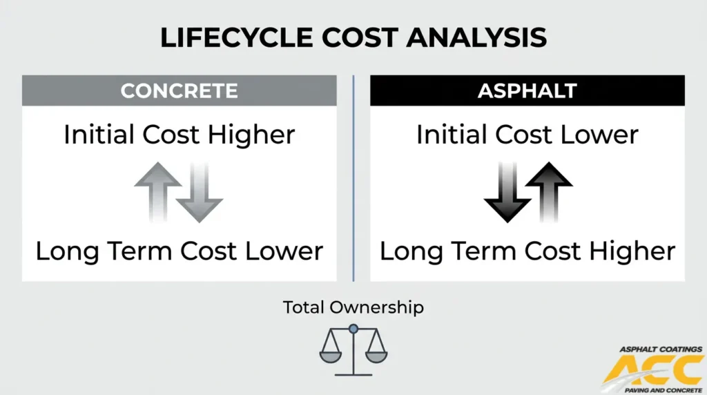 Lifecycle cost analysis comparing concrete’s higher initial cost with asphalt’s lower upfront cost and higher long-term maintenance expense.