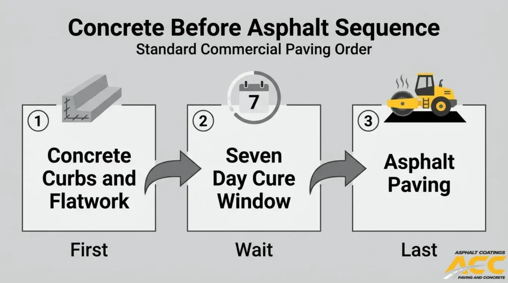 Commercial paving sequence showing concrete curbs and flatwork installed before asphalt paving after a seven-day cure
