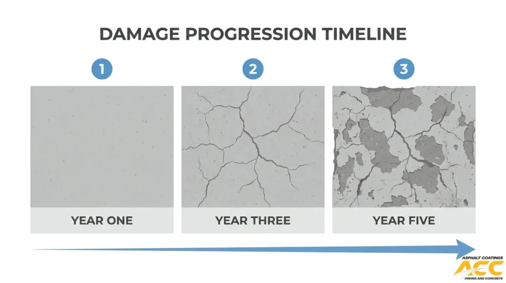 Concrete damage progression from a smooth surface in year one to cracking and severe spalling by year five
