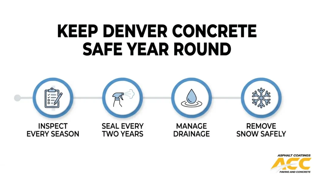 Denver concrete maintenance checklist covering seasonal inspections, joint sealing, drainage management, and safe snow removal