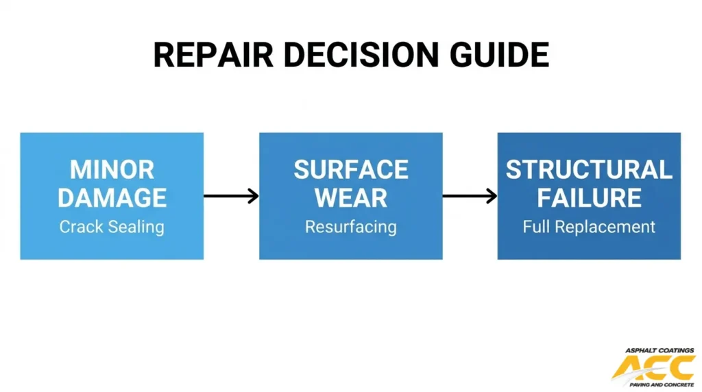 Concrete repair decision guide matching minor damage with crack sealing, surface wear with resurfacing, and structural failure with replacement