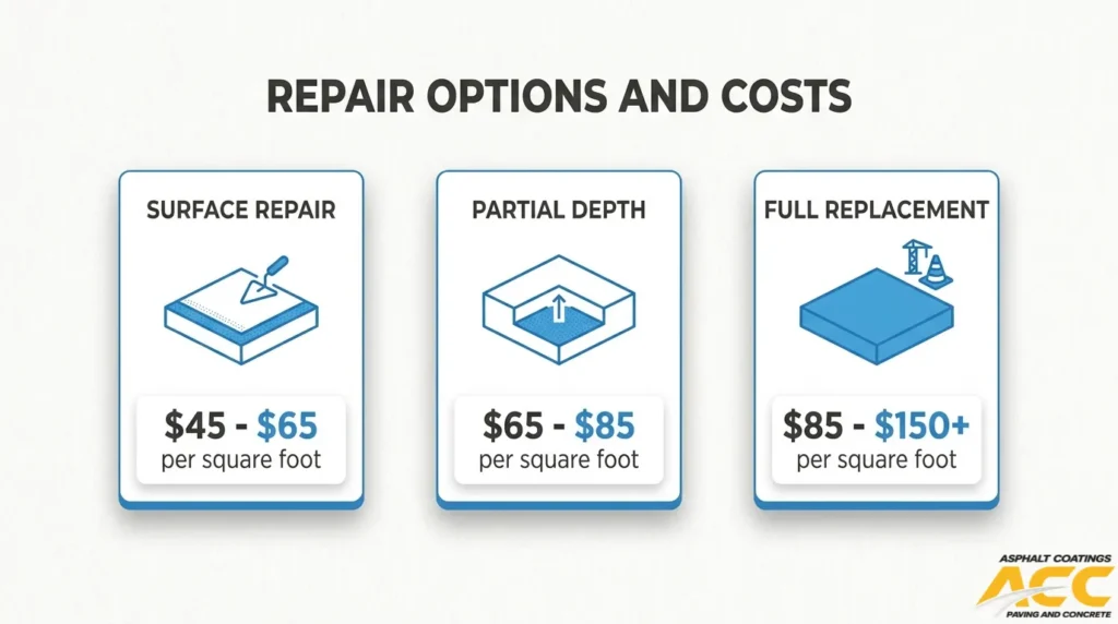 Denver concrete repair cost comparison for surface repair, partial-depth repair, and full slab replacement
