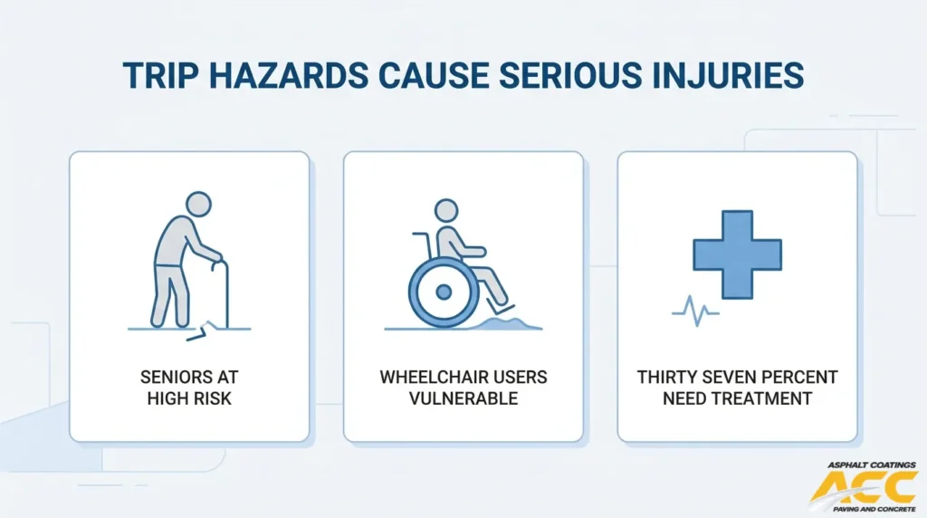 Concrete trip hazard injury risks for seniors and wheelchair users, including the need for medical treatment
