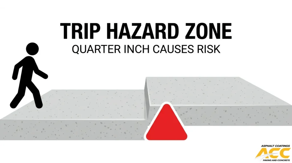 Concrete trip hazard caused by a quarter-inch height difference between adjacent sidewalk slabs
