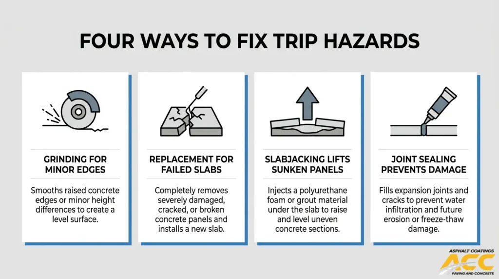 Four concrete trip hazard repair methods: grinding, slab replacement, slabjacking, and joint sealing