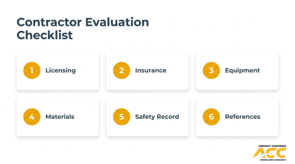 Commercial paving contractor evaluation checklist covering licensing, insurance, equipment, materials, safety record, and references.